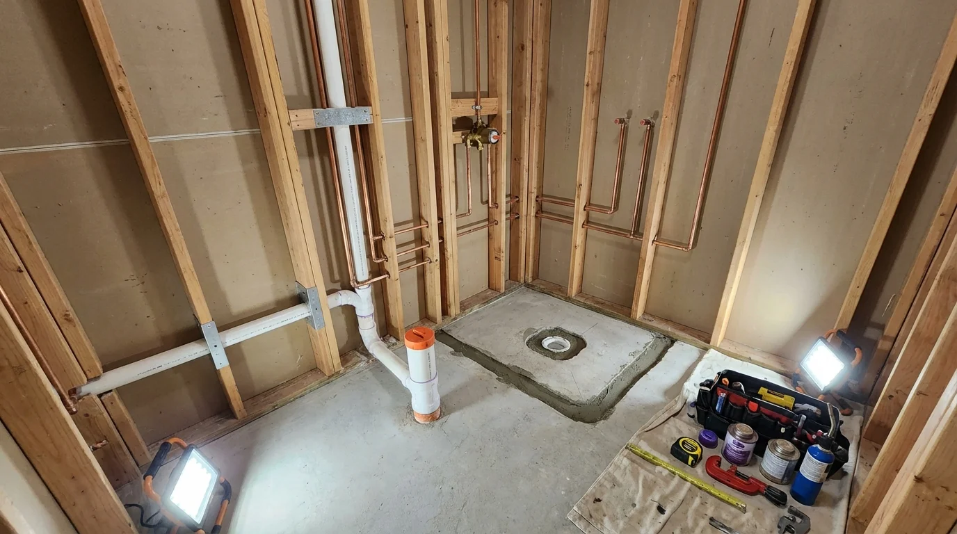 Bathroom rough-in plumbing during remodel by Johns Plumbing LLC in Lorenzo