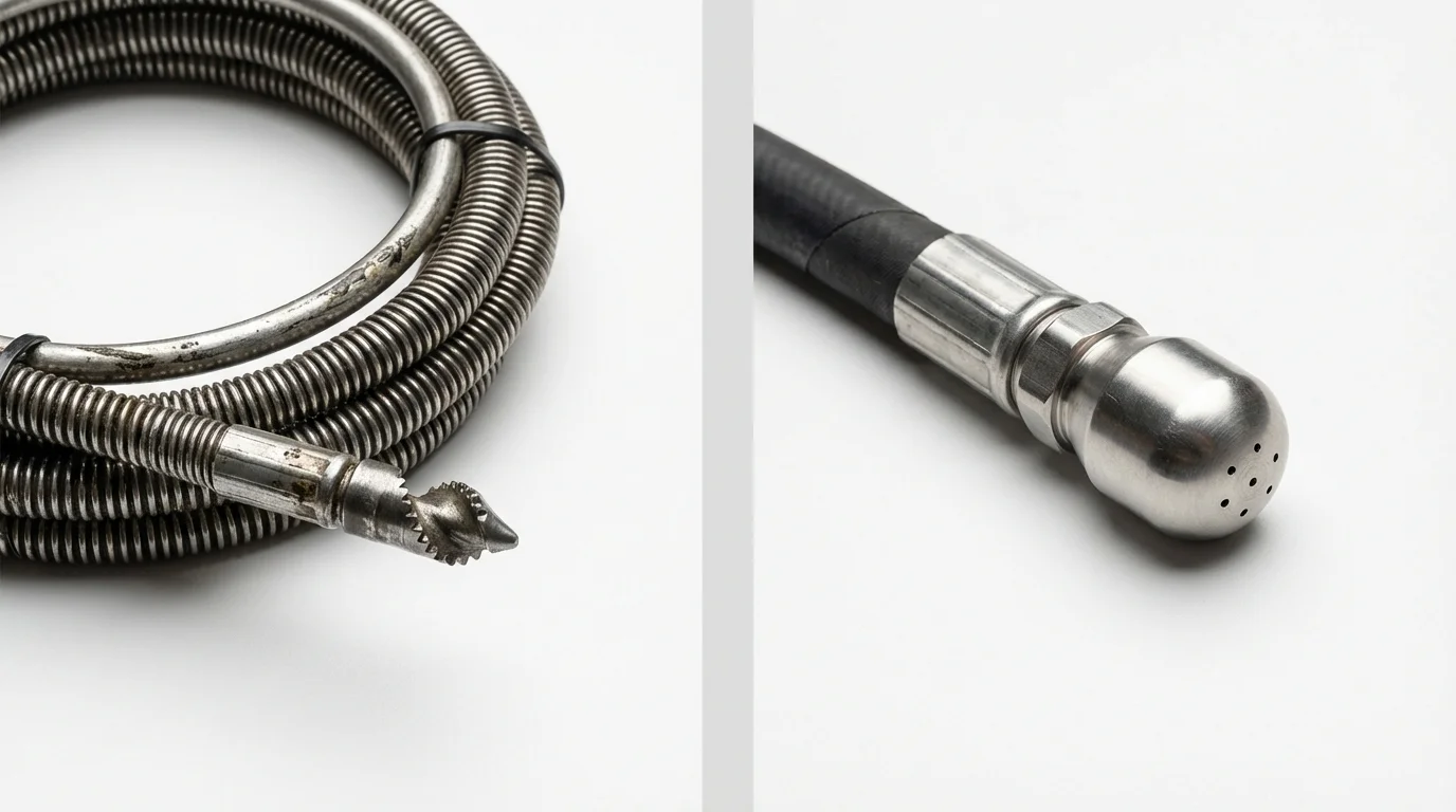 Drain snake cable and hydro jetting nozzle used for drain cleaning in Lorenzo, TX