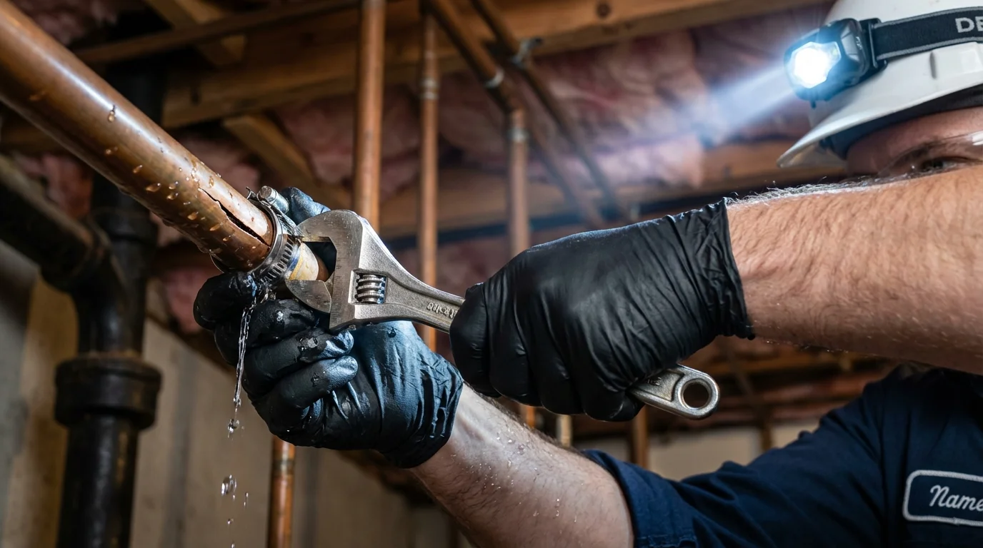 Emergency pipe clamp repair being performed by a Johns Plumbing LLC plumber in Lorenzo