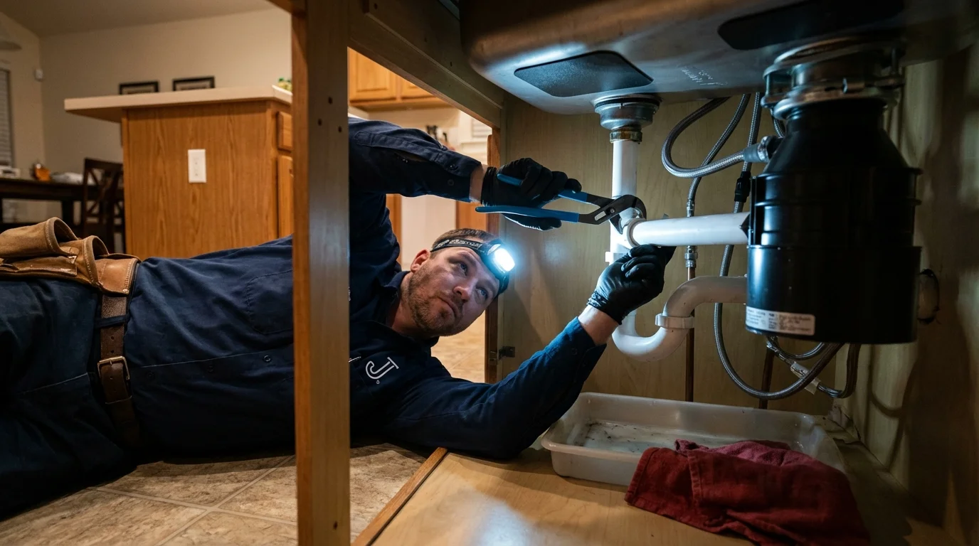 P-trap and supply line connections under a kitchen sink showing a common leak point in Lorenzo, TX